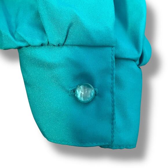 Vintage Turquoise Secretary Blouse 80s Long Sleeve Tie Neck Womens Size XL - Picture 6 of 7